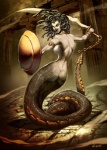 anthro apode breasts butt featureless_breasts female forked_tongue legless living_hair long_tongue looking_at_viewer looking_back melee_weapon pseudo_hair serpentine shield side_boob snake_hair solo split_form sword tongue weapon yellow_eyes genzoman european_mythology greek_mythology mythology medusa draconcopode lamia reptile scalie snake