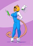 2021 anthro big_breasts blonde_hair blue_eyes boots breasts clothed clothing conditional_dnp domestic_cat felid feline felis female footwear fully_clothed fur hair jollyjack jumpsuit machine mammal purple_background simple_background tablet tan_body tan_fur text url