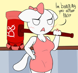 angry anthro arms_bent biped black_text blush bow_ribbon breasts cleavage clothed clothed_anthro clothed_female clothing cross-popping_vein dialogue dress empty_eyes eyelashes female female_anthro fingers fully_clothed fully_clothed_anthro fully_clothed_female hammer hand_on_hip holding_hammer holding_object holding_tool long_eyelashes noseless open_mouth pink_clothing pink_dress pink_ribbon simple_eyes solo standing stylized_empty_eyes tail text three-quarter_view tools white_body white_eyes white_tail dose 4chan moot domestic_cat felid feline felis mammal 2023 alternate_version_at_source digital_drawing_(artwork) digital_media_(artwork) english_text flat_colors handwritten_text portrait three-quarter_portrait