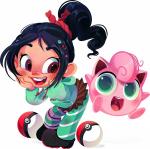 black_hair blue_eyes blush brown_eyes duo female feral hair ponytail simple_background white_background kuitsuku disney nintendo pokemon wreck-it_ralph vanellope_von_schweetz generation_1_pokemon jigglypuff pokemon_(species) waddling_head crossover