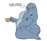 anthro belly butt container cup grey_body male markings nude overweight pupils slit_pupils smile solo spots spotted_body tea_cup text ozziactive beastars sagwuan_(beastars) leopard_seal mammal marine pinniped seal english_text