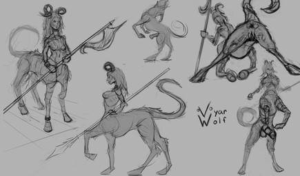 animal_genitalia animal_penis anus breasts equine_genitalia equine_penis female front_view fur genitals gynomorph horn intersex melee_weapon penis polearm presenting rear_view side_view spear tail vulva weapon vyarwolf taur hi_res monochrome
