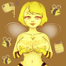 5_fingers big_breasts black_stripes blonde_hair body_writing breasts brown_background clothed clothing container eyelashes female feral fingers food food_fetish food_play gloves group hair hand_on_breast handwear holding_breast honey_(food) humanoid_focus insect_wings jar looking_at_viewer navel nipples pattern_clothing pattern_gloves pattern_handwear pursed_lips simple_background smile solo_focus stinger striped_clothing striped_gloves striped_handwear stripes text topless wings writing_on_breasts yellow_body yellow_clothing yellow_eyes yellow_gloves yellow_handwear yellow_nipples anonymous_artist animal_humanoid arthropod arthropod_humanoid bee bee_humanoid humanoid hymenopteran hymenopteran_humanoid insect insect_humanoid winged_humanoid 1:1 2018 english_text meme
