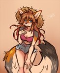 anthro black_nose blue_eyes blush bottomwear breasts brown_hair cleavage clothed clothing daisy_dukes denim denim_bottomwear denim_clothing denim_shorts dipstick_tail female hair hat headgear headwear hotpants markings shorts solo straw_hat tail tail_markings dragonfu canid canine canis coyote mammal hi_res