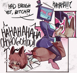 arms_tied_behind_back belt bodily_fluids butt butt_squish clothing crossgender crying_laughing duo electronics eyewear fangs feet female female/female footwear for_a_head glasses hat headgear headwear high_heels hooves horn kneeling laugh legs_up lying mtf_crossgender on_front screen screen_face shoes sitting sitting_on_another squish suit tears teeth television tickle_fetish tickle_torture tickling tickling_feet top_hat xobloodletter hazbin_hotel hellaverse alastor_(hazbin_hotel) vox_(hazbin_hotel) deer demon humanoid mammal object_head screen_head tv_head hi_res