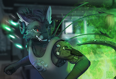 anthro battle bullet colored_fire fangs female fight fire green_fire knife muscular red_eyes solo teeth spacedrake_(adiago) mythology ezrael abyss_drake aquatic dragon fish jawless_fish mythological_creature mythological_scalie prehistoric_species sacabambaspis scalie