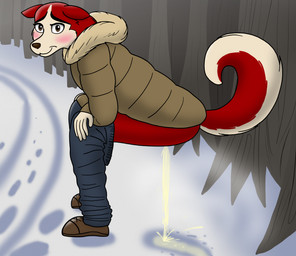 anthro blush bodily_fluids bottomwear bottomwear_down clothed clothing cold crouching female forest genital_fluids looking_at_viewer pants pants_down partially_clothed peeing peeing_on_ground peeing_outside plant public_peeing raised_tail snow solo tail tree urine urine_on_ground urine_stream knottyknight balto_(series) universal_studios jenna_(balto) canid canine canis domestic_dog husky mammal nordic_sled_dog spitz hi_res