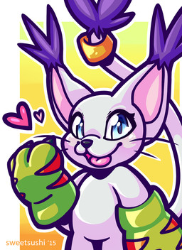 accessory black_nose blue_eyes clothing eyelashes female fur furgonomics gloves handwear heart_symbol jewelry markings pink_inner_ear purple_markings ring semi-anthro smile solo standing tail tail_accessory tail_jewelry tail_markings tail_ring white_body white_fur sweetsushi bandai_namco digimon digimon_(species) felid feline felis gatomon mammal 2015