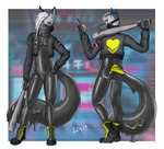 alternative_fashion anthro baseball_bat bat_(object) clothing denim front_view jacket latex patch_(fabric) punk rear_view solo topwear villainous gemerency gree_alvord nikki_(greyfoxgree) bat canid canine fox mammal platinum_fox red_fox true_fox hi_res model_sheet nonbinary_(lore)