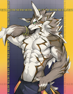 abs anthro bottomwear clothing confident cute_fangs fangs fluffy fluffy_hair fur hair hand_behind_head looking_at_viewer male manly multicolored_body multicolored_fur muscular muscular_anthro muscular_arms muscular_male navel pants pointy_ears smile solo teeth three-quarter_view white_body white_fur kibokurou lifewonders tokyo_afterschool_summoners seth_(tas) absurd_res half-length_portrait hi_res portrait