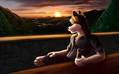 alcohol anthro beer beverage biped blue_eyes bottle clothed clothing cloud container detailed_background landscape male mountain outside river scenic_view sitting sky solo sun sunset fluke canid canine canis domestic_dog mammal 16:10 wallpaper widescreen