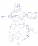 anthro big_breasts breasts clothing female hammer hooves huge_breasts maul muscular muscular_female overalls overalls_only shirtless simple_background sitting sitting_on_stump solo tail tail_tuft tools tree_stump tuft white_background wide_hips pzero corruption_of_champions marble_(coc) bovid bovine mammal line_art