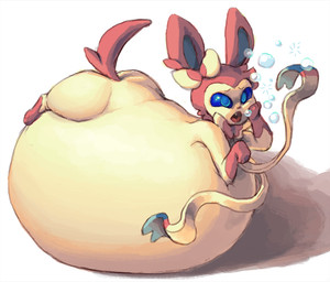 belly big_belly blue_sclera feral huge_belly inflation lying lying_on_self on_front solo molaveda nintendo pokemon eeveelution generation_6_pokemon pokemon_(species) sylveon 2017