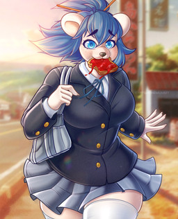 anime_style anthro blue_eyes blue_hair bread clothing curvy_figure eating eating_food eyelashes female food freckled_face freckles fur hair late_for_school long_eyelashes parody running school_bag school_uniform shortstack solo sunrise toast uniform white_body white_fur wide_hips chrysanthemummy k-on! bear mammal polar_bear ursine hi_res
