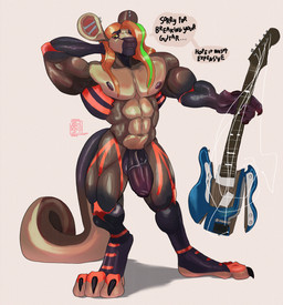 3_toes abs anthro balls biceps big_feet big_tail broken_instrument brown_body claws electric_guitar feet foreskin fur fur_markings genitals guitar hair long_feet long_hair male markings multicolored_body multicolored_fur multiple_piercings muscular muscular_anthro muscular_male musical_instrument navel nipples nude orange_hair paws pecs penis piercing plantigrade plucked_string_instrument scratching_head solo standing string_instrument tail text toes two_tone_body two_tone_feet two_tone_fur vein veiny_penis xdarkspace ravios kangaroo macropod mammal marsupial absurd_res digital_media_(artwork) english_text hi_res