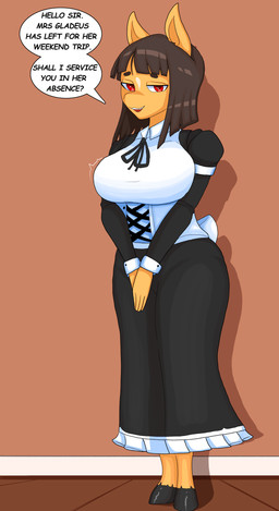 anthro big_breasts breasts brown_hair cheating_husband clothing female greeting hair looking_at_another looking_at_viewer maid_uniform red_eyes seductive small_waist solo tan_body text uniform augmentedleaves clover_(augmentedleaves) equid equine mammal absurd_res english_text hi_res
