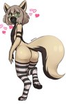 anthro black_nose blush butt clothing cute_fangs fangs femboy fur fur_markings green_eyes green_mouth green_tongue hair happy heart_symbol legwear legwear_only looking_back male markings open_mouth pattern_clothing pattern_legwear pawpads paws simple_background solo standing striped_clothing striped_legwear stripes teeth thigh_highs tongue white_background haylapick hayla canid canine felid feline hybrid mammal 2022 hi_res