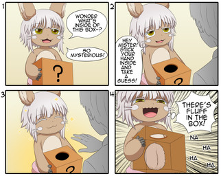 4_panel_comic 5_fingers ambiguous_gender anthro belly black_text border bottomwear box cat_smile closed_smile clothed clothing container dialogue duo fingers fluffy fur grey_hair hair holding_box holding_container holding_object humor laugh looking_at_another male mouth_closed navel number open_mouth open_smile pants question_mark shirt simple_background smile sparkles speech_bubble standing tan_body tan_fur text thought_bubble topwear whiskers white_border yellow_eyes smugbuns made_in_abyss nanachi human lagomorph mammal narehate 2023 absurd_res comic english_text hi_res meme