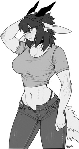 5_fingers anthro big_breasts biped bottomwear breasts cleavage clothed clothed_anthro clothed_female clothing curvy_figure female fingers front_view fully_clothed fully_clothed_anthro fully_clothed_female fur hair hand_behind_head horn hourglass_figure looking_at_viewer midriff navel panties pants raised_arm shirt soft_abs solo standing tail thong thong_straps topwear underwear wide_hips wolfcut pgm300 mythology chabett dragon mythological_creature mythological_scalie scalie 2025 digital_drawing_(artwork) digital_media_(artwork) hi_res monochrome sketch