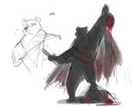 anthro bear blood blood_splatter bodily_fluids cape clothed clothing dreamworks duo english_text fan_character grin group hi_res holding_object holding_weapon knife male mammal puss_in_boots_(dreamworks) random_seafood red_eyes shadow sketch smile solo sparkles standing stepping text trio violence war_(plobster) weapon