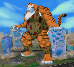 anthro armpit_hair belly belly_tuft biceps body_hair building building_destruction bulge calf_muscles city city_destruction clothing destruction fur leotard macro male musclegut muscular muscular_arms muscular_legs muscular_male nipples orange_body orange_fur pecs quads solo striped_body striped_fur stripes tail trapezius tuft white_body white_fur yellow_sclera jabuhusky disney the_jungle_book shere_khan felid mammal pantherine tiger hi_res