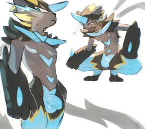 anthro balls biped black_body black_fur black_nose blue_balls blue_body blue_eyes blue_fur blue_horn blue_nipples blue_penis breath crouching flaccid foreskin fur genitals grey_body grey_fur horn humanoid_genitalia humanoid_penis looking_at_viewer male multicolored_body multicolored_fur multiple_poses nipples nude open_mouth penis pose pupils simple_background solo standing teeth tongue meatshaq nintendo pokemon pokemon_legends_z-a felid generation_9_pokemon legendary_pokemon mammal mega_evolution mega_zeraora pokemon_(species) absurd_res hi_res