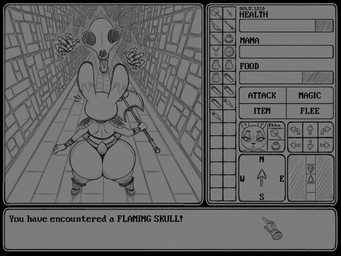 anthro armor arrow_(weapon) axe battle_axe big_breasts big_butt bikini_armor bone bow_(weapon) bracers breasts brick_floor brick_wall butt carrot compass cursor dagger dungeon emanata feet female flaming_skull food foot_wraps gameplay_mechanics gui hallway health_bar holding_object holding_weapon huge_breasts huge_butt inventory jewelry mana_bar melee_weapon pendant plant potion ranged_weapon ring shield short_stack skull solo tail text thick_thighs unconvincing_armor vegetable wall_(structure) weapon wide_hips wraps ultrastax ebba_the_bunbarian ghost lagomorph leporid mammal monster poltergeist rabbit spirit english_text hi_res monochrome