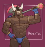 2021 abs anthro armband asterius_(hades) axe barazoku biceps biped black_eyes bovid bovine brown_body brown_fur brown_hair bulge cattle cel_shading character_name clothed clothing digital_media_(artwork) european_mythology facial_piercing fingerless_gloves fur gloves greek_mythology hades_(game) hair handwear hi_res holding_axe holding_object holding_weapon horn jrjresq looking_at_viewer male mammal melee_weapon minotaur muscular muscular_anthro muscular_male mythology navel nipples nose_piercing nose_ring pecs piercing pinup portrait pose purple_background quads ring_piercing septum_piercing septum_ring shaded simple_background skimpy solo standing supergiant_games thong three-quarter_portrait triceps underwear weapon weapon_on_shoulder