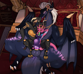 abdominal_bulge anthro anthro_on_feral anthro_penetrated bed bestiality big_penis black_body bodily_fluids breasts countershading cum cum_in_vagina cum_inside female female_penetrated feral feral_penetrating feral_penetrating_anthro furniture genital_fluids genitals group horn huge_penis kissing lying lying_on_another lying_on_bed male male/female male_penetrating male_penetrating_female nipple_piercing nipples on_bed orange_body orange_countershading penetration penis piercing pink_body prosthetic prosthetic_arm prosthetic_leg prosthetic_limb purple_body purple_countershading sex size_difference tail tight_fit trio vulva yanne mythology jyrova_(infinium_knight) kiz_emberscale_(dat_otter) klank_(spark.kobbo) dragon kobold mythological_creature mythological_scalie scalie hi_res