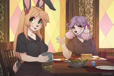 accessory anthro beverage black_clothing black_shirt black_topwear blonde_hair bread breasts clothed clothing coffee_mug duo female flower flower_in_hair folded_ears food fully_clothed green_eyes hair hair_accessory holding_beverage holding_object inside looking_at_viewer pink_inner_ear plant plate purple_hair salad shirt topwear yellow_eyes iskra rebekka canid canine canis domestic_dog lagomorph leporid mammal poodle rabbit 2016 3:2 digital_media_(artwork) shaded