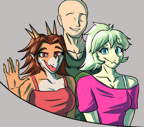 anthro bald big_breasts blue_eyes bra_strap breasts brown_hair clothed clothed_anthro clothed_female clothed_human clothed_male clothing facial_horn female fingers front_view gesture green_body green_clothing green_hair green_shirt green_topwear group hair horn humanoid_hands long_hair male medium_breasts non-mammal_breasts open_mouth open_smile orange_body pink_clothing pink_shirt pink_topwear red_clothing red_eyes red_topwear shirt smile tan_body topwear trio waving waving_at_viewer fuegosonic93 cavemanon_studios goodbye_volcano_high ko_op_(game_developer) snoot_game anon_(snoot_game) rosa_(gvh) stella_(gvh_beta) aquilops ceratopsian dinosaur human mammal marginocephalian ornithischian prehistoric_species reptile scalie stegosaurian stegosaurus thyreophoran colored shaded