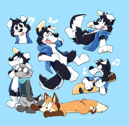 acoustic_guitar angry anthro blue_background cheek_tuft chest_tuft clothed clothing confusion dipstick_ears dipstick_limbs dipstick_tail ear_markings ear_tuft expressions eye_contact eyes_closed facial_tuft fangs floppy_ears fur group guitar hand_on_ear hand_on_head head_tilt laugh looking_at_another looking_back looking_down looking_up markings multicolored_ears musical_instrument musical_note musical_symbol on_ground open_clothing open_mouth open_shirt open_topwear pawpads paws plucked_string_instrument pose question_mark semi-anthro shirt simple_background singing solo string_instrument symbol tail tail_markings tail_tuft teeth topwear trio tuft tardor gates_(tardor) normey opap border_collie canid canine canis collie domestic_dog domestic_ferret fox herding_dog mammal mustelid musteline pastoral_dog sheepdog true_musteline weasel 2022 digital_media_(artwork) hi_res multiple_images