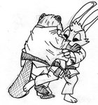 2016 3_toes ambiguous_gender anthro asian_clothing beaver beaver_tail black_and_white calvin_lapin_(spiff) cheek_tuft clothing duo ears_up east_asian_clothing facial_tuft fan_character feet fight glare japanese_clothing labjer lagomorph legwear leporid looking_down low_res male mammal martial_arts_uniform monochrome obi rabbit rear_view rodent shirt_grab simple_background sportswear standing toes topwear traditional_media_(artwork) tuft white_background white_clothing white_legwear white_topwear