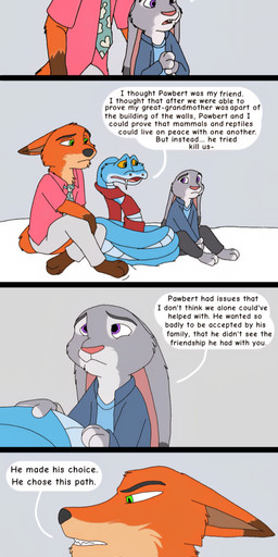 angry anthro betrayal clothed clothing comforting dialogue fangs female feral fur grey_body grey_fur group male orange_body orange_fur pointy_ears rabbit_ears scarf teeth trio phoenixfire disney zootopia gary_de'snake judy_hopps nick_wilde canid canine european_rabbit fox lagomorph leporid mammal oryctolagus pit_viper rabbit red_fox reptile scalie snake true_fox viper absurd_res comic hi_res long_image tall_image