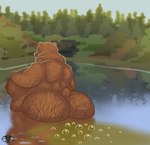 anthro bear big_butt brown_bear bubble butt casual_nudity day fart fart_bubbles fart_fetish fat_bear female half_submerged hi_res lake light mammal nude obese obese_anthro obese_female overweight overweight_anthro overweight_female partially_submerged plant scenery skunk_bunk small_tail solo standing_in_water sunlight tail tree ursine water