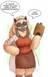 anthro biped blonde_hair bovid breasts caprine chochi clipboard clothed clothing dialogue digital_media_(artwork) domestic_sheep english_honorific english_text eyelashes eyewear female front_view fur glasses hair hi_res holding_clipboard holding_object honorific hooves horn long_hair mammal name_drop name_in_dialogue nurse nurse_clothing nurse_uniform open_mouth poppy_opossum portrait sheep shirt simple_background solo speech_bubble standing text three-quarter_portrait topwear uniform