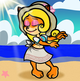 3_toes 4_fingers ambiguous_feral ambiguous_gender anthro beach beaded_bracelet beaded_jewelry beads blonde_hair blue_clothing blue_crop_top blue_shirt blue_sky blue_topwear bottomwear bracelet brown_eyebrows brown_nose closed_smile clothed clothed_anthro clothed_female clothing cloud crop_top curly_hair dancing day duo eyebrows eyelashes eyes_closed eyeshadow feet female female_anthro feral fingers fully_clothed fully_clothed_anthro fully_clothed_female fur hair hat headgear headwear jewelry larger_anthro larger_female light lipstick long_hair makeup midriff mouth_closed multicolored_body multicolored_fur navel orange_body orange_fur outside pink_eyeshadow pink_lipstick sand shirt size_difference skirt sky smaller_ambiguous smaller_feral smile sunlight tan_body tan_fur tan_hat tan_headwear toes topwear two_tone_body two_tone_fur white_bottomwear white_clothing white_skirt captainquack64 activision crash_bandicoot_(series) coco_bandicoot asterozoan bandicoot echinoderm mammal marine marsupial starfish 2025 colored digital_drawing_(artwork) digital_media_(artwork) english_description hi_res lighting shaded simple_shading