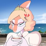 accessory anthro beverage blonde_hair blue_sky bone_frill container crown cup day eyelashes eyes_closed eyewear female frill_(anatomy) glasses hair hair_accessory hairpin headgear multicolored_body multicolored_scales orange_body orange_scales outside pink_body pink_scales scales sea short_hair sky smile snout solo tea tea_cup tiara two_tone_body two_tone_scales water arsenic_iii goodbye_volcano_high naomi_(gvh) dinosaur hadrosaurid ornithischian ornithopod parasaurolophus prehistoric_species reptile scalie 1:1 2022 digital_drawing_(artwork) digital_media_(artwork) hi_res