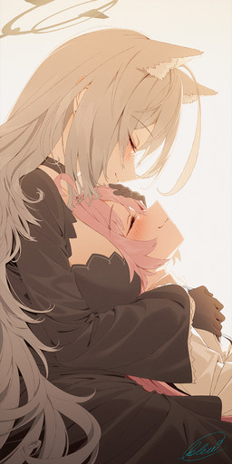 ahoge animal_ears big_breasts black_choker black_clothing black_dress black_gloves black_handwear black_jewelry black_necklace blush bodily_fluids breasts choker cleavage clothed clothing dress eyes_closed female fluffy_ears gloves grey_hair hair hair_between_eyes halo hand_on_another's_chest hand_on_another's_head handwear happy jewelry long_hair looking_at_another lying_on_another lying_on_breasts multi_ear necklace pink_hair shirt side_view smile tears topwear white_clothing white_shirt white_topwear young young_female blew_(artist) blue_archive nexon hoshino_(blue_archive) shiroko_(terror)_(blue_archive) animal_humanoid canid canid_humanoid canine canine_humanoid human humanoid mammal mammal_humanoid wolf_humanoid hi_res
