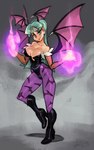 armwear bare_shoulders bat_print big_breasts black_clothing black_leotard boots breasts bridal_gauntlets cleavage clothed clothing elemental_manipulation female fire fire_manipulation footwear green_hair hair head_wings high_heeled_boots high_heels knee_boots knee_highs legwear leotard long_hair looking_at_viewer magic membrane_(anatomy) membranous_wings pantyhose print_clothing print_legwear purple_clothing purple_legwear purple_pantyhose shoes smile smiling_at_viewer smirk smirking_at_viewer solo unusual_wing_placement wings alex_ahad capcom darkstalkers morrigan_aensland demon demon_humanoid humanoid succubus winged_humanoid digital_drawing_(artwork) digital_media_(artwork) hi_res watermark