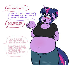 1_horn alternate_hairstyle anthro anthrofied belly belly_overhang big_belly big_breasts biped blush bodily_fluids bottomwear breasts clothed clothing denim denim_bottomwear denim_clothing dialogue embarrassed eyewear female glasses hair hair_bun horn humanoid_hands jeans looking_away navel nervous offscreen_character overweight overweight_anthro overweight_female pants profanity purple_eyes purple_hair rectangular_glasses shirt simple_background solo speech_bubble standing stretch_marks sweat sweatdrop t-shirt tail talking_to_another text thick_thighs topwear wearing_glasses weight_conscious weight_gain white_background redxbacon friendship_is_magic hasbro my_little_pony mythology twilight_sparkle_(mlp) equid equine mammal mythological_creature mythological_equine unicorn 2023 english_text female_(lore)