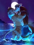 anthro bottomwear clothed clothing duo evening eyes_closed hand_on_back hand_on_cheek hand_on_face hand_on_neck hand_on_shoulders holding_back holding_cheek kissing light male male/male moon moonlight night partially_submerged ripples romantic romantic_ambiance romantic_couple shorts sky standing standing_in_water star starry_sky water dden009 levin_rhekunda rusk canid canine canis coyote felid hybrid lion mammal pantherine wolf 3:4 hi_res