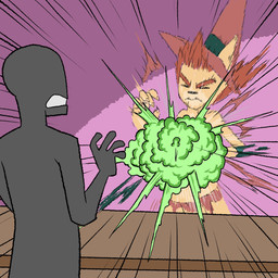 anthro brown_hair clothing damaged_clothing duo explosion exposure_variation eyes_closed female flinch fur grey_body hair hat headgear headwear male mostly_nude purple_background simple_background surprised tan_body tan_fur tearing_clothing torn_clothing wardrobe_malfunction witch_hat shebunu anon shebu_(shebunu) canid canine canis domestic_dog human mammal 1:1 hi_res