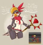 2016 absurd_res anthro armor avian avian_(starbound) avian_feet bandanna beak bird bottomwear breasts clothed clothing clothing_lift dialogue dirty_talk english_text feathers female flashing genitals grey_body grey_feathers hi_res josia kerchief loincloth loincloth_lift looking_at_viewer mostly_nude multicolored_body multicolored_feathers navel nipples no_underwear non-mammal_breasts open_mouth presenting presenting_pussy pussy red_eyes silver723 simple_background skimpy smile solo staff starbound tail tail_feathers text tongue tongue_out two_tone_body two_tone_feathers unconvincing_armor white_body white_feathers wide_hips