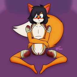 4_missing_limbs amputation amputee andromorph anthro bandage bandaged_stump black_hair blood blue_eyes blush bodily_fluids disability fur genitals gore gore_focus hair intersex male missing_arm missing_leg orange_body orange_fur quadruple_amputee severed_body_part severed_limb solo vulva white_body white_fur jasentamiia renee_(jasen_tamiia) canid canine fox mammal 1:1 2015 hi_res