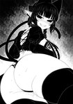 2_tails big_breasts blush bodily_fluids braided_pigtails breasts butt butt_focus clothed clothing female genital_fluids grin humanoid_pointy_ears legwear multi_tail pigtails pointy_ears side_boob smile solo sweat sweatdrop tail thigh_highs vaginal_fluids haruaneki touhou rin_kaenbyou animal_humanoid cat_humanoid felid felid_humanoid feline feline_humanoid humanoid mammal mammal_humanoid monochrome