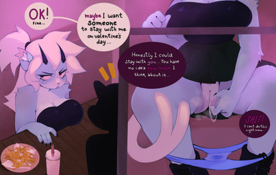 2_horns anthro blue_body blue_clothing blue_fur blue_panties blue_underwear bodily_fluids breasts cafe clothed clothing container countershade_face countershade_fur countershade_torso countershading cup drinking_straw duo eyelashes female female_anthro fingering fingers food fries fur furniture genital_fluids hair holidays horn panties panties_down partially_clothed profanity restaurant sitting table tail text topwear underwear underwear_down vaginal vaginal_fingering vaginal_fluid_string vaginal_fluids white_hair paggi valentine's_day species_request 2024 digital_media_(artwork) english_text hi_res