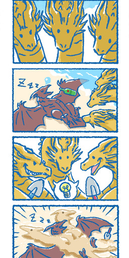 3_heads alcohol beach beverage buried buried_in_sand drunk duo feral humor idea light_bulb male multi_head sand seaside substance_intoxication oni_giri european_mythology godzilla_(series) monsterverse mythology toho king_ghidorah rodan_(toho) dragon ghidorah_(species) mythological_creature mythological_scalie reptile scalie western_dragon absurd_res hi_res