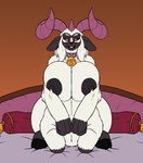 anthro bed bedroom_eyes bell big_breasts big_butt blep bodily_fluids bovid_horn breasts butt caprine_horn cloven_hooves collar curved_horn curvy_figure facial_markings female fur furniture genitals hair head_markings hooves horn huge_breasts huge_butt hyper hyper_breasts lactating leaking looking_at_viewer markings milk narrowed_eyes nipples nude on_bed presenting presenting_breasts pussy ram_horn red_eyes red_sclera seductive simple_background sitting solo thick_thighs tongue tongue_out voluptuous white_body white_fur white_hair wide_hips karnator bandai_namco digimon bovid bovid_taur caprine caprine_taur digimon_(species) digimon_taur mammal mammal_taur pajiramon sheep sheep_taur taur hi_res