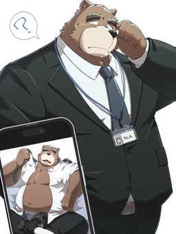 anthro belly black_nose bottomwear brown_body brown_fur cellphone clothed clothing electronics fur male moobs navel necktie open_clothing open_shirt open_topwear overweight overweight_male pants phone question_mark shirt smartphone solo standing suit topwear emufu bear mammal 3:4 hi_res